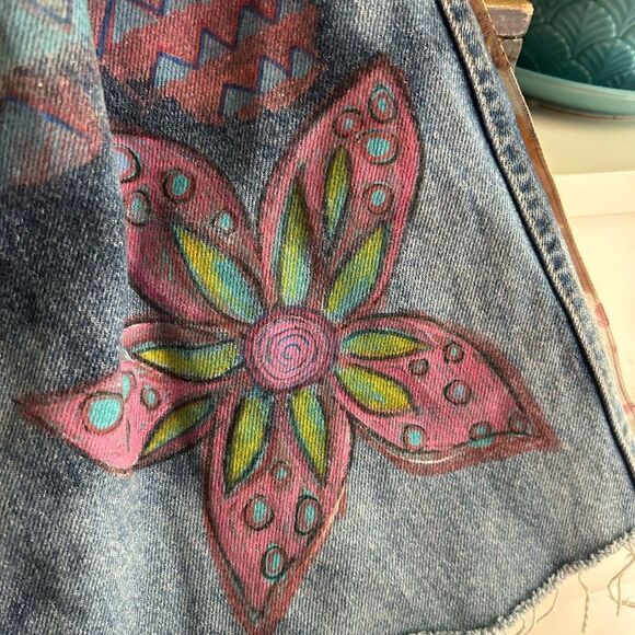 Patchwork Denim Jumper Skirt Upcycled Overall Dress Painted One of a Kind OS - Picture 9 of 16